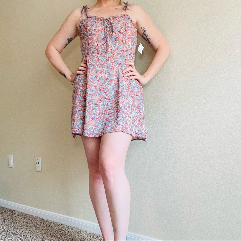 Blue and pink floral print tie strap dress
